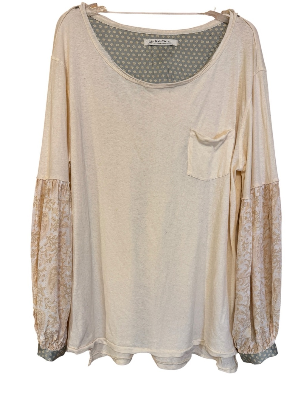 Free People We The Free Cream Boho Mixed Print Balloon Sleeve Pocket Top Small